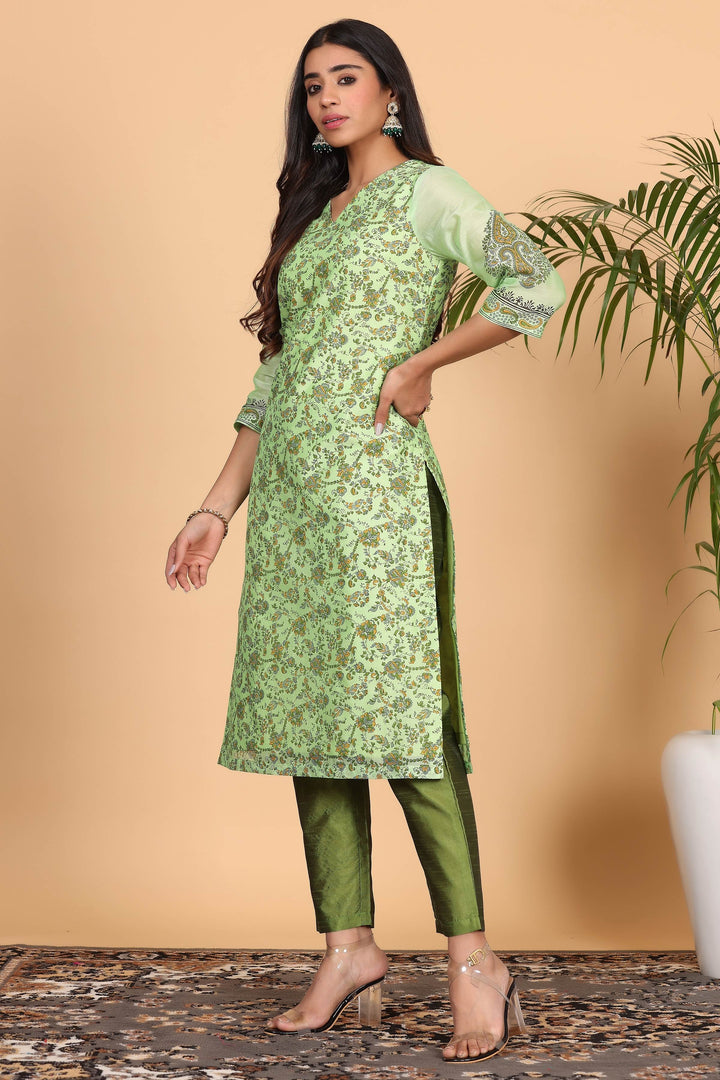 Trendy Pista Green Chanderi Top Paired with Silk Bottom | Finished with an Elegant Chanderi