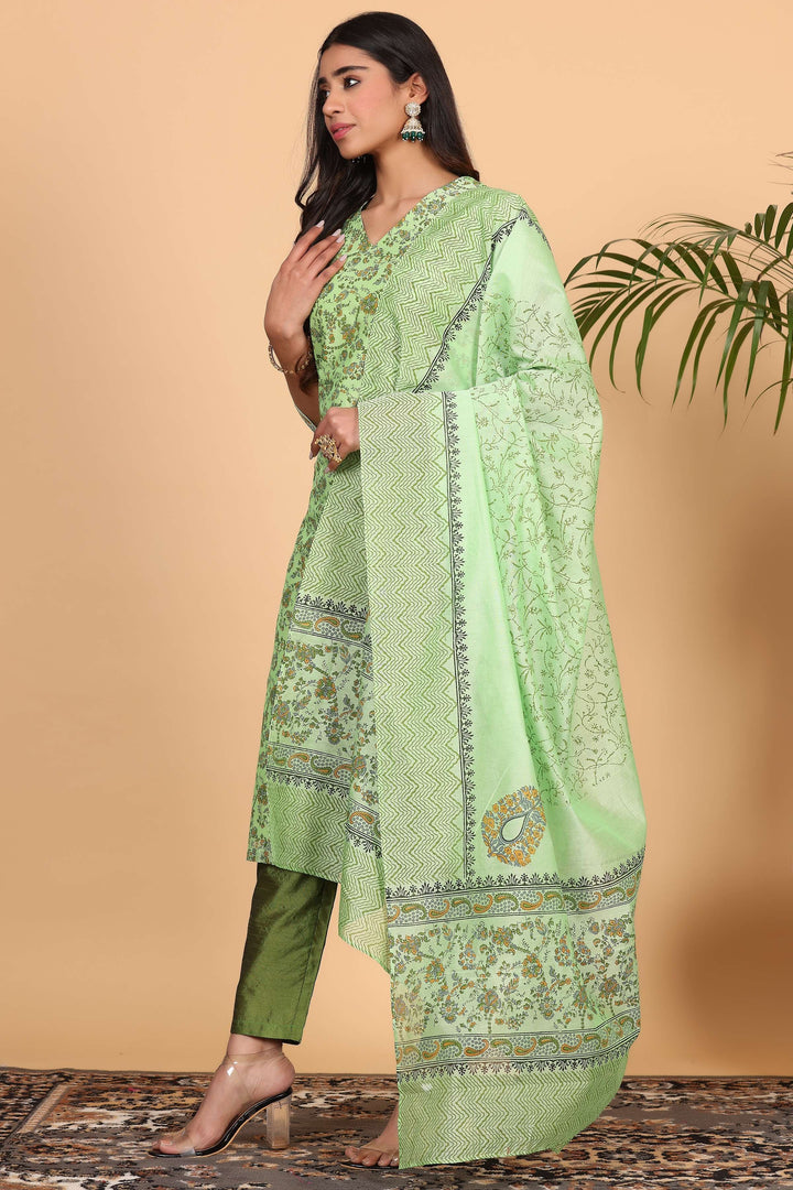 Trendy Pista Green Chanderi Top Paired with Silk Bottom | Finished with an Elegant Chanderi