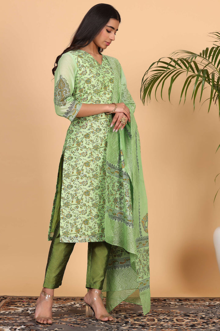 Trendy Pista Green Chanderi Top Paired with Silk Bottom | Finished with an Elegant Chanderi