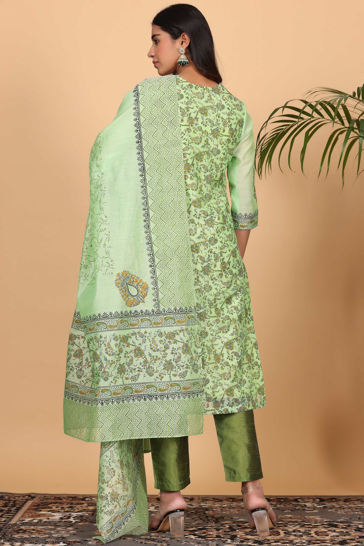 Trendy Pista Green Chanderi Top Paired with Silk Bottom | Finished with an Elegant Chanderi