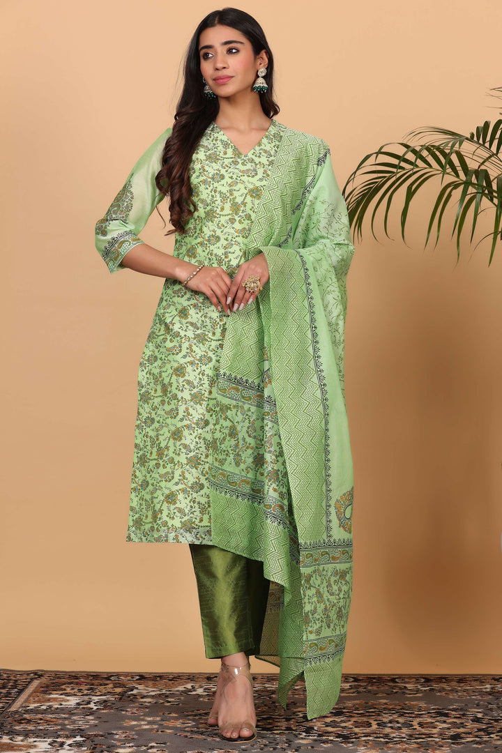 Trendy Pista Green Chanderi Top Paired with Silk Bottom | Finished with an Elegant Chanderi