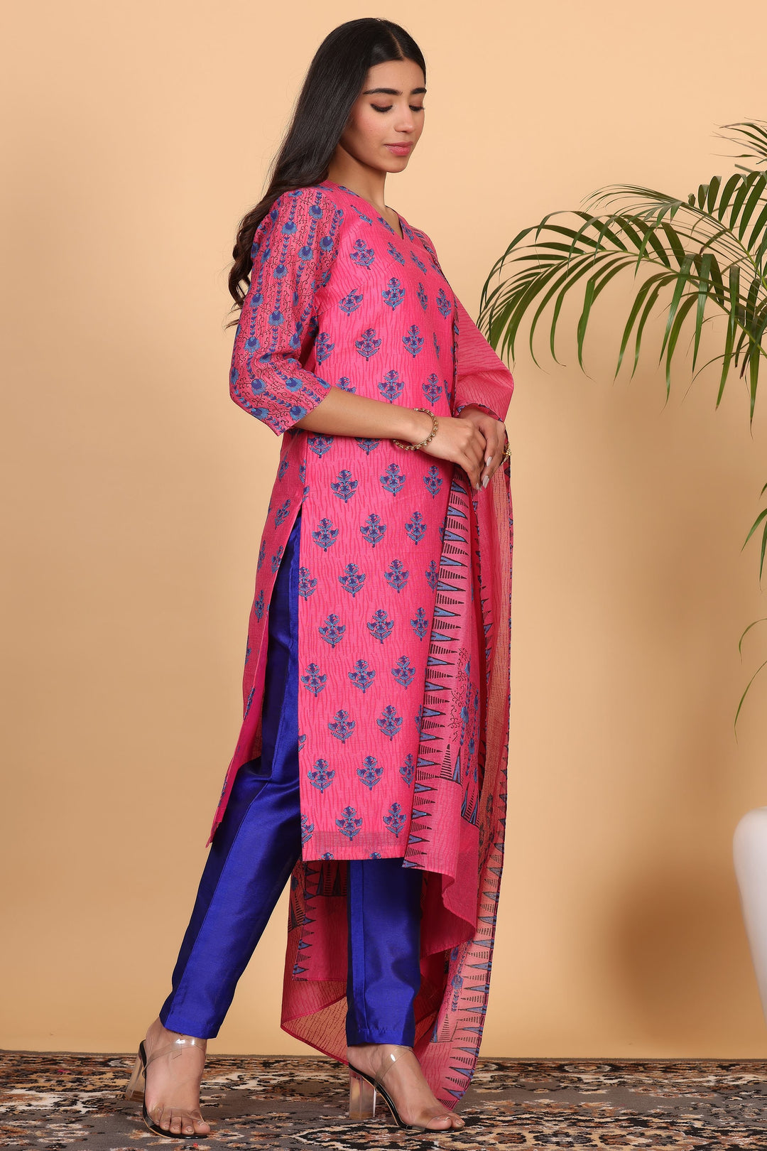 Graceful Hot pink Chanderi Top with Silk Bottom | Accentuated by a Chanderi   Dupatta