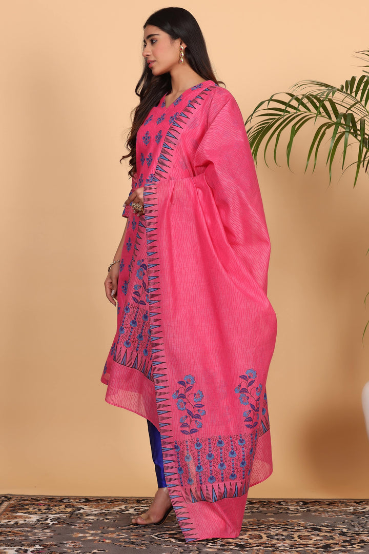 Graceful Hot pink Chanderi Top with Silk Bottom | Accentuated by a Chanderi   Dupatta