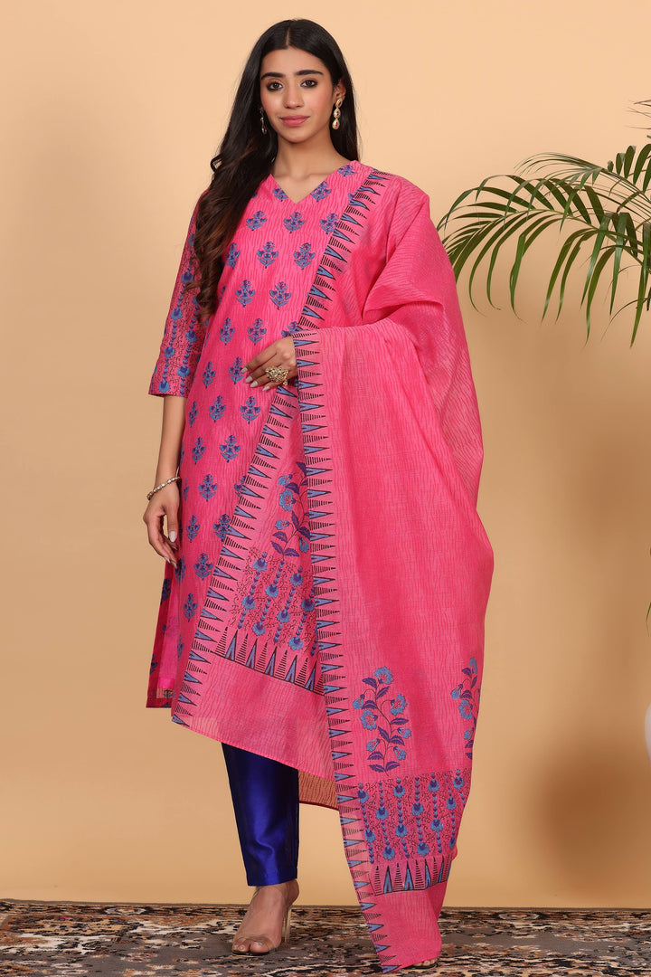 Graceful Hot pink Chanderi Top with Silk Bottom | Accentuated by a Chanderi   Dupatta