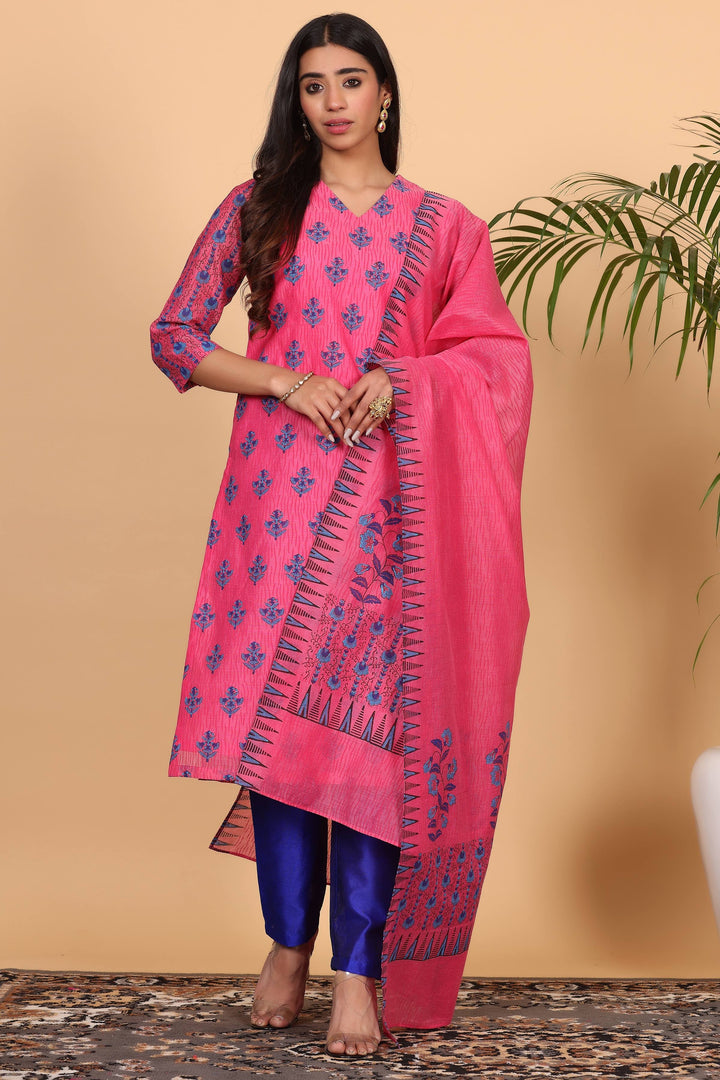 Graceful Hot pink Chanderi Top with Silk Bottom | Accentuated by a Chanderi   Dupatta