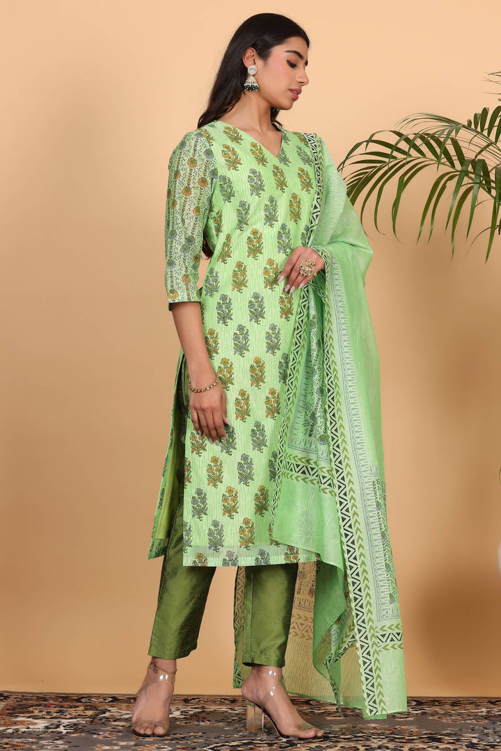 Trendy Parrot Green Chanderi Top Paired with Silk Bottom | Completed with a Gorgeous Chanderi