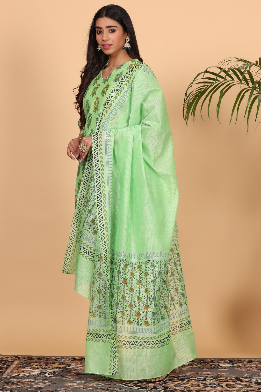 Trendy Parrot Green Chanderi Top Paired with Silk Bottom | Completed with a Gorgeous Chanderi