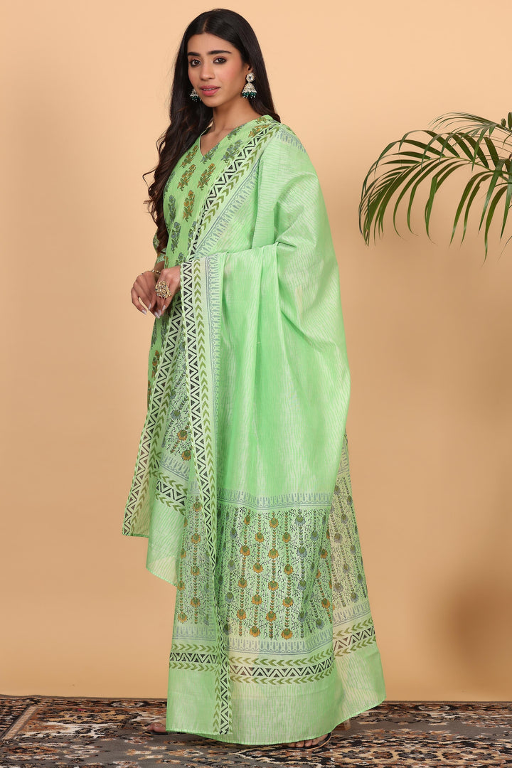 Trendy Parrot Green Chanderi Top Paired with Silk Bottom | Completed with a Gorgeous Chanderi