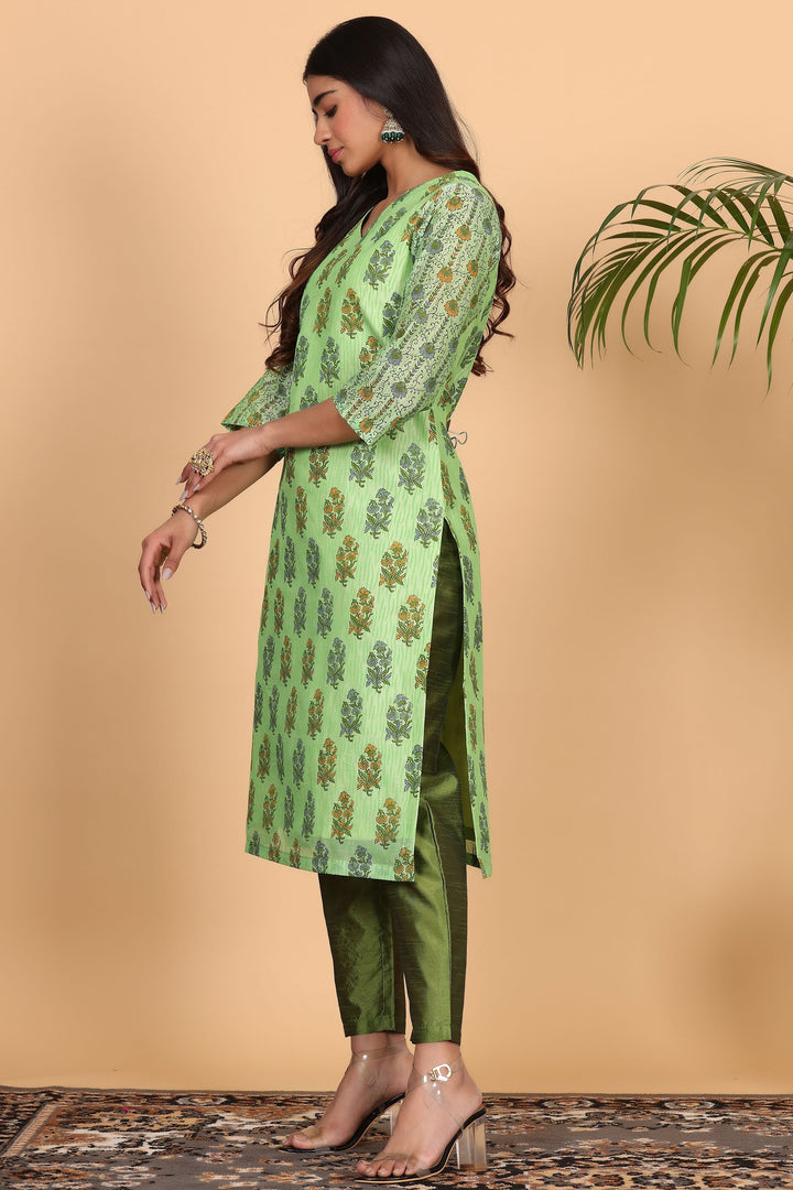 Trendy Parrot Green Chanderi Top Paired with Silk Bottom | Completed with a Gorgeous Chanderi
