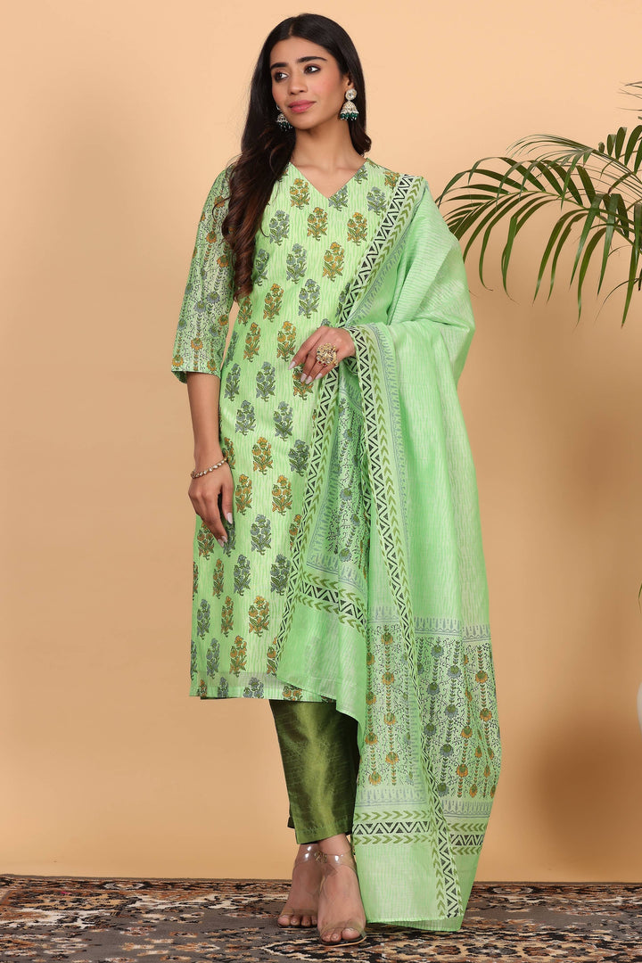 Trendy Parrot Green Chanderi Top Paired with Silk Bottom | Completed with a Gorgeous Chanderi