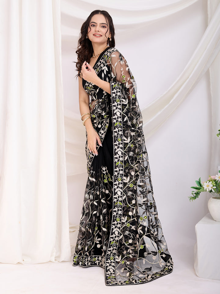 Soft Net Party Wear Saree | Designer Thread Embroidery Work with Mono Banglori Blouse