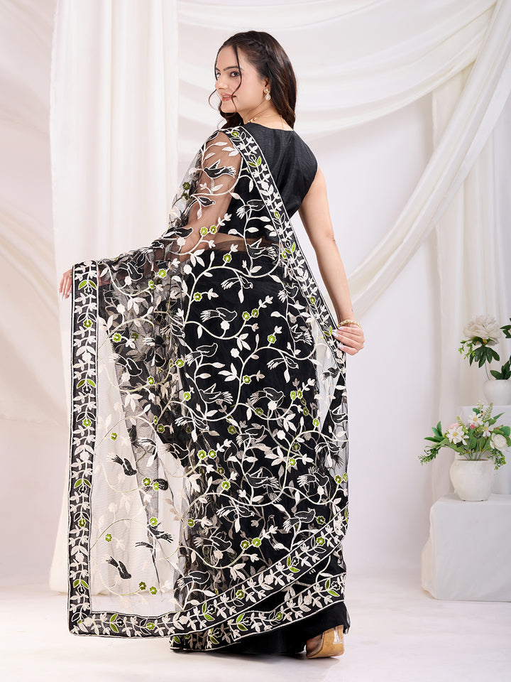 Soft Net Party Wear Saree | Designer Thread Embroidery Work with Mono Banglori Blouse