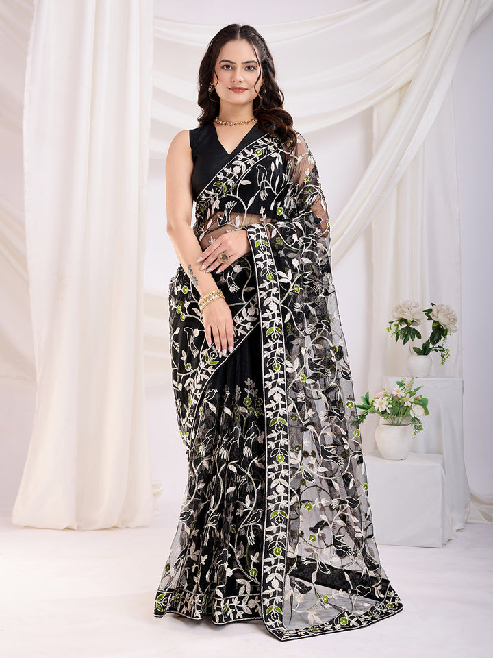 Soft Net Party Wear Saree | Designer Thread Embroidery Work with Mono Banglori Blouse