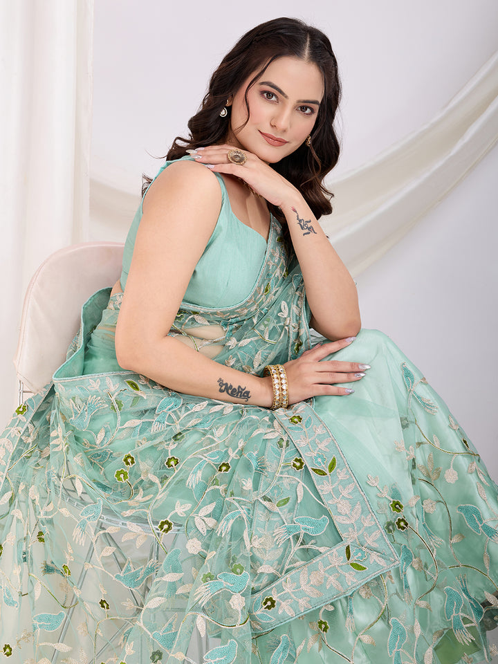 Soft Net Party Wear Saree | Designer Thread Embroidery Work with Mono Banglori Blouse
