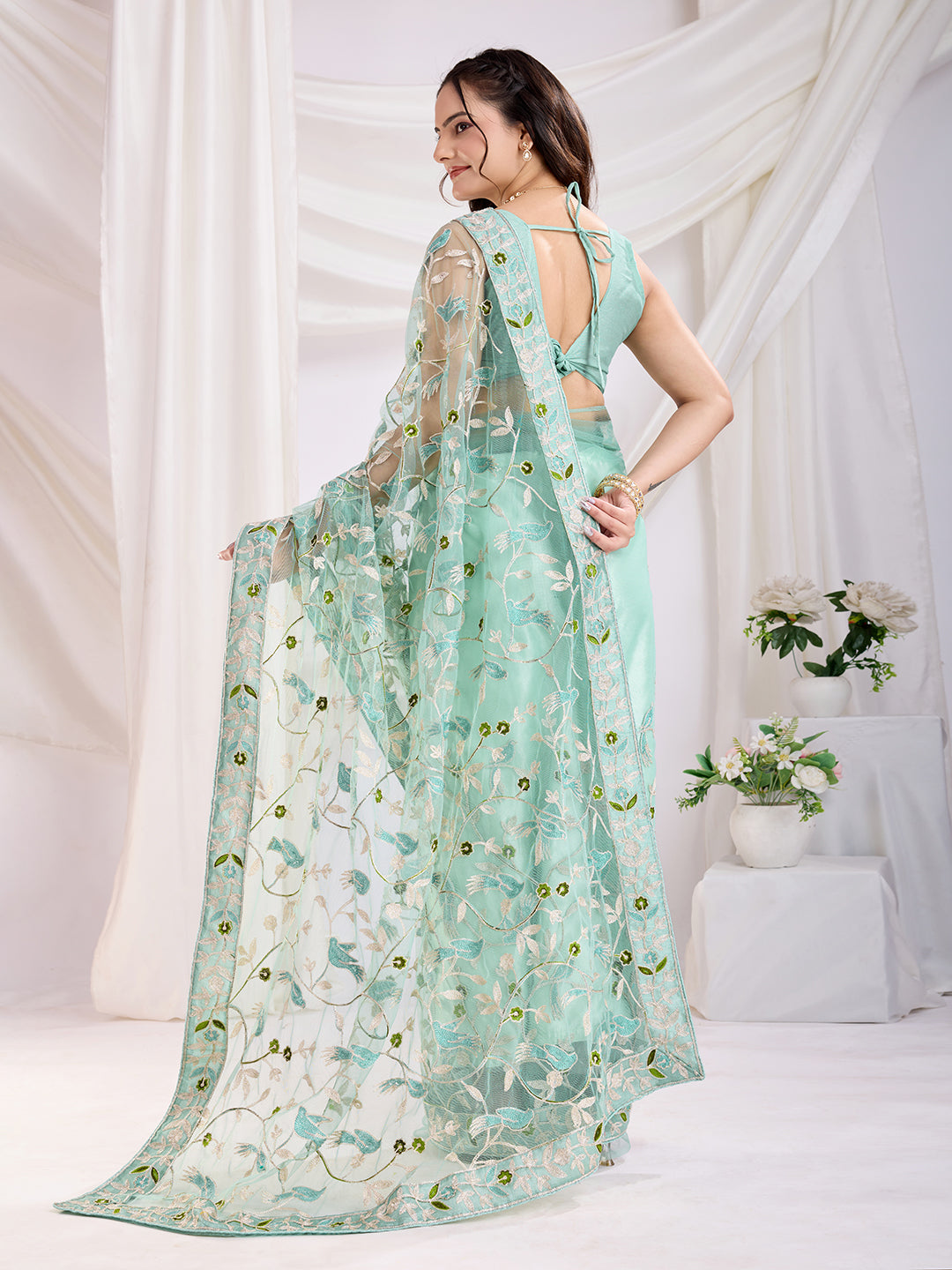 Soft Net Party Wear Saree | Designer Thread Embroidery Work with Mono Banglori Blouse