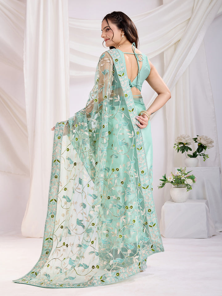 Soft Net Party Wear Saree | Designer Thread Embroidery Work with Mono Banglori Blouse
