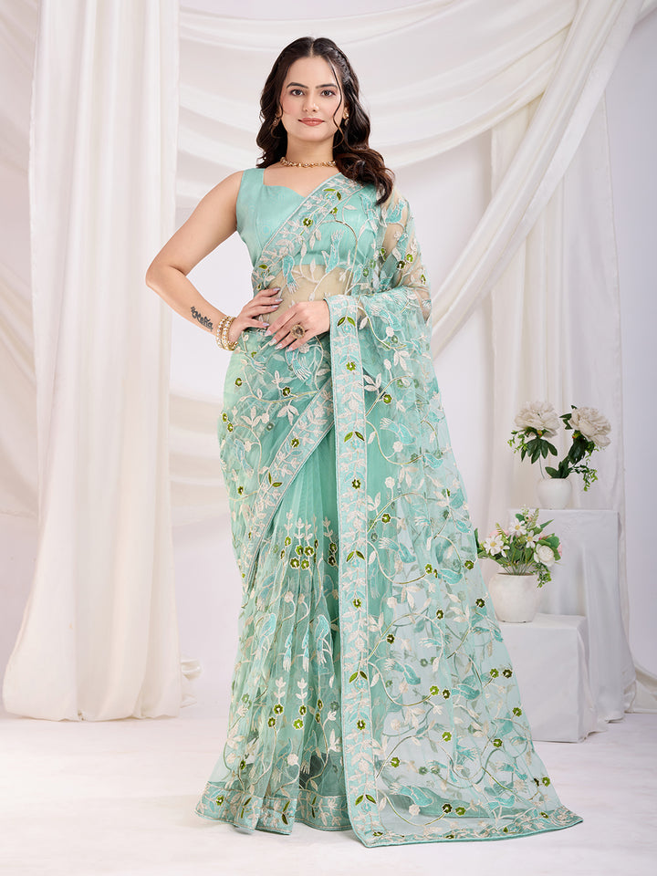 Soft Net Party Wear Saree | Designer Thread Embroidery Work with Mono Banglori Blouse