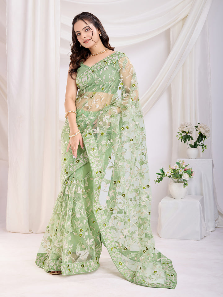 Soft Net Party Wear Saree | Designer Thread Embroidery Work with Mono Banglori Blouse