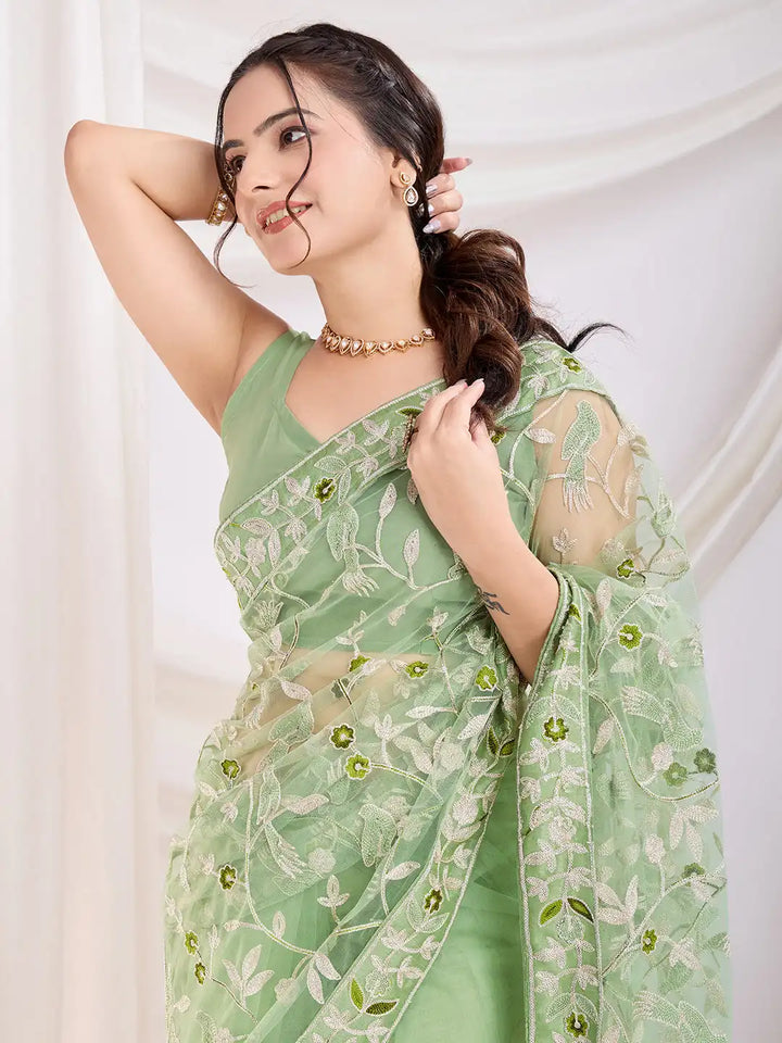 Soft Net Party Wear Saree with Designer Thread Embroidery & Mono Banglori