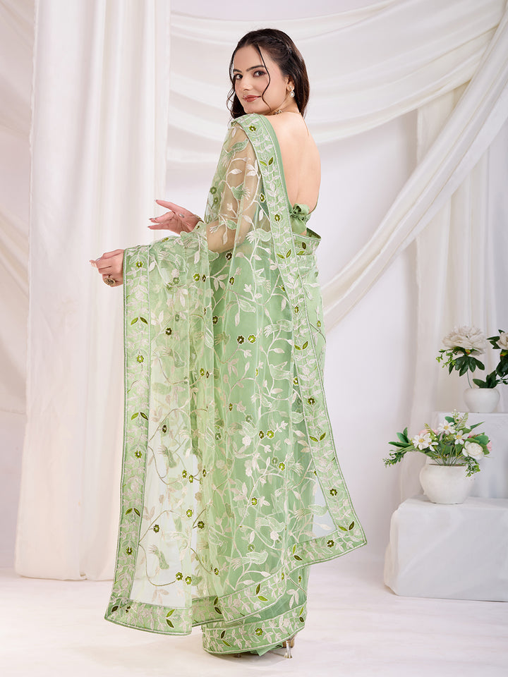 Soft Net Party Wear Saree | Designer Thread Embroidery Work with Mono Banglori Blouse