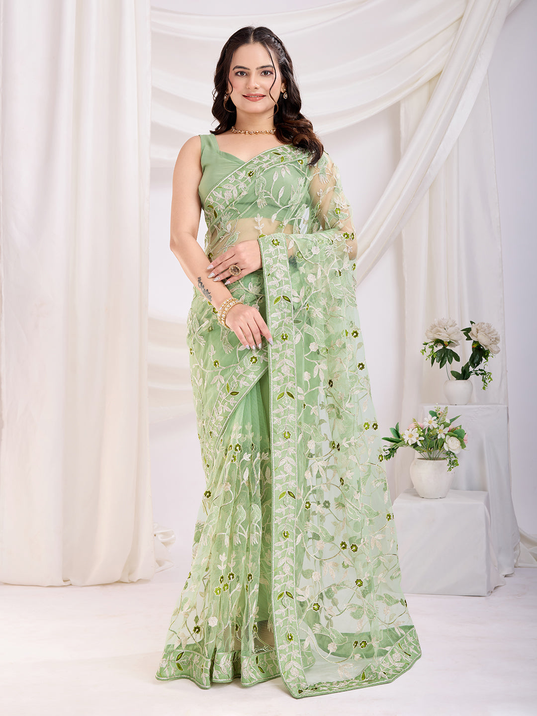 Soft Net Party Wear Saree | Designer Thread Embroidery Work with Mono Banglori Blouse