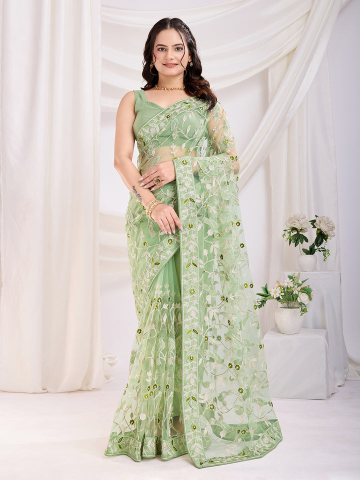 Soft Net Party Wear Saree | Designer Thread Embroidery Work with Mono Banglori Blouse