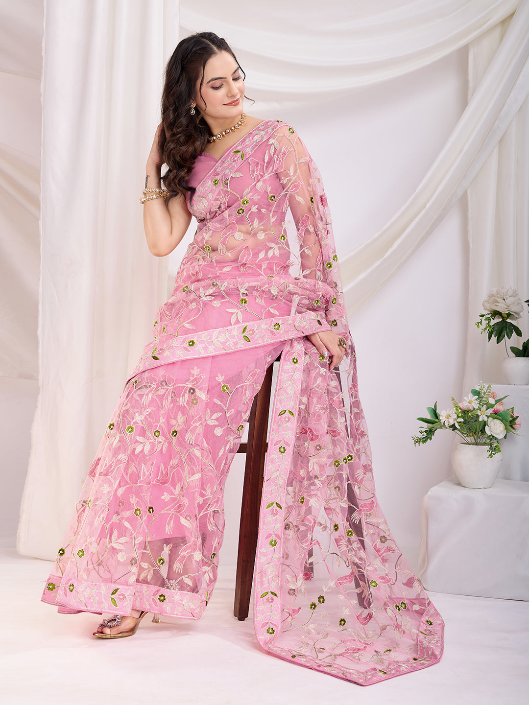 Soft Net Party Wear Saree | Designer Thread Embroidery Work with Mono Banglori Blouse