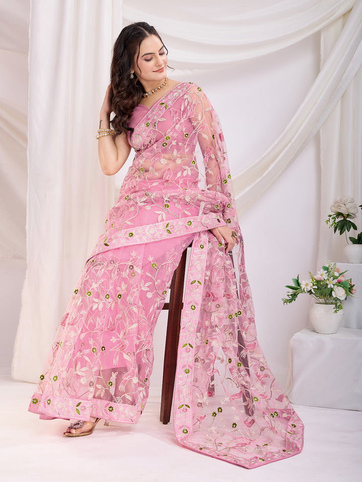 Soft Net Party Wear Saree | Designer Thread Embroidery Work with Mono Banglori Blouse
