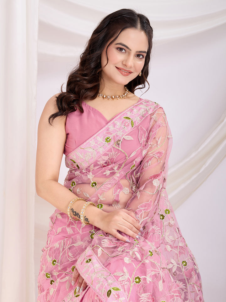 Soft Net Party Wear Saree | Designer Thread Embroidery Work with Mono Banglori Blouse