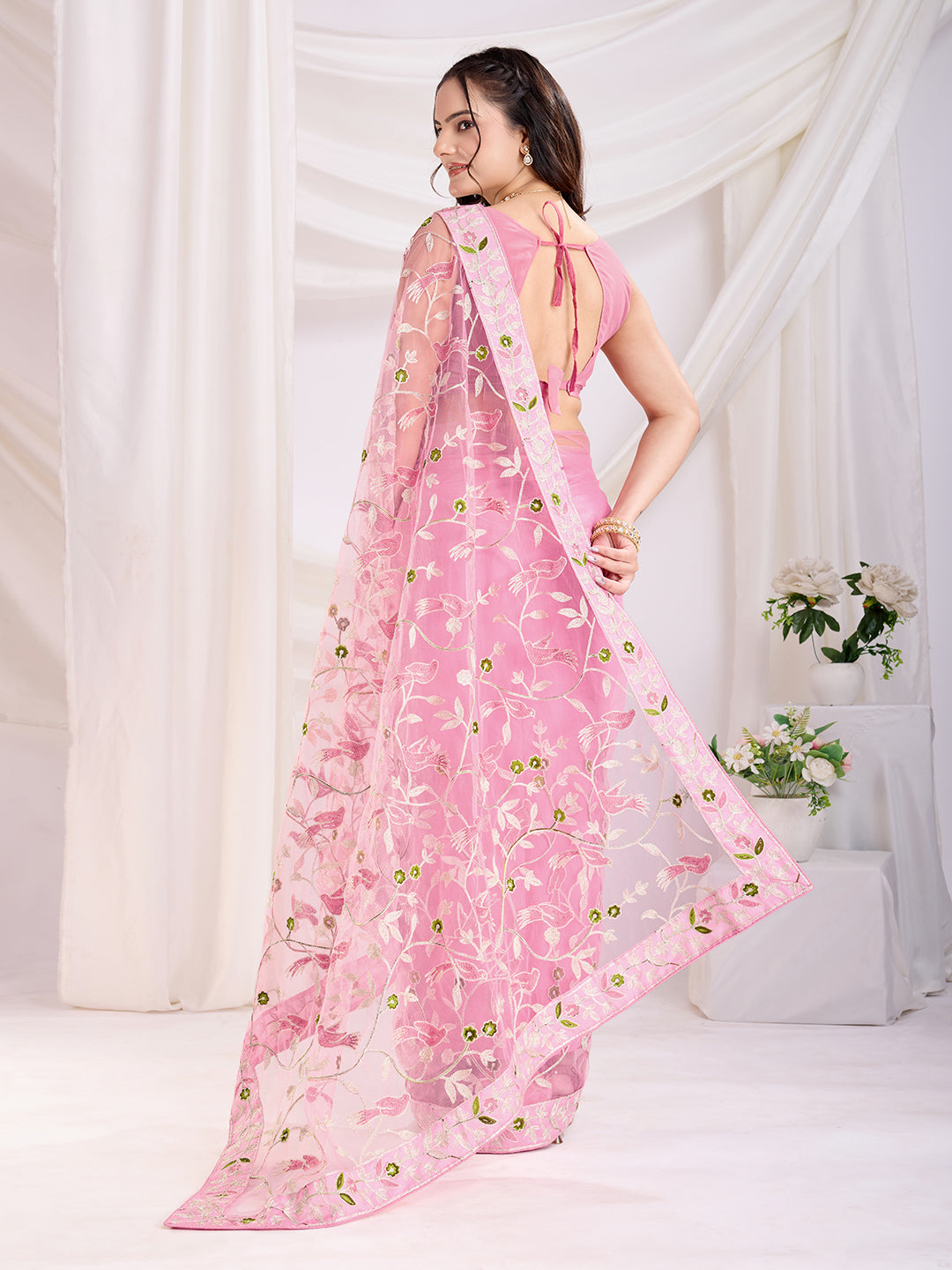 Soft Net Party Wear Saree | Designer Thread Embroidery Work with Mono Banglori Blouse