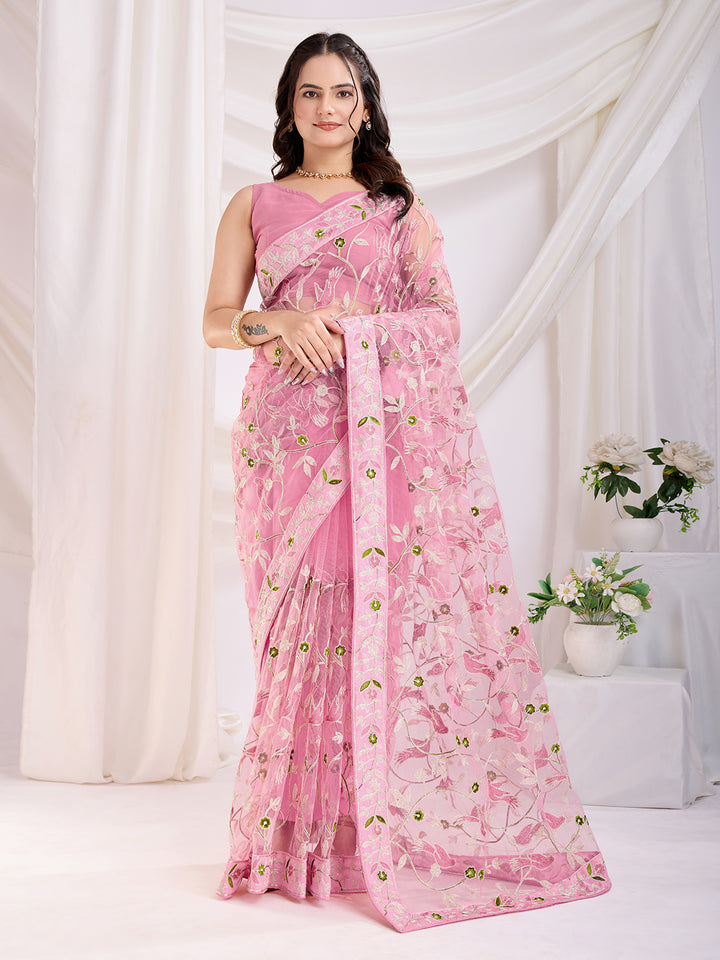 Soft Net Party Wear Saree | Designer Thread Embroidery Work with Mono Banglori Blouse