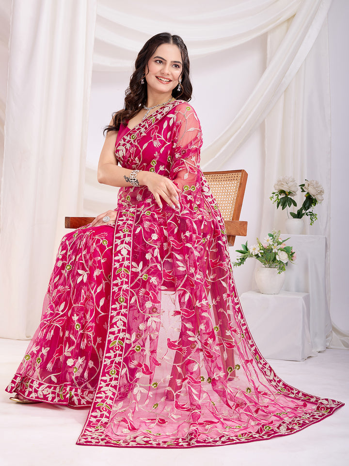Soft Net Party Wear Saree | Designer Thread Embroidery Work with Mono Banglori Blouse