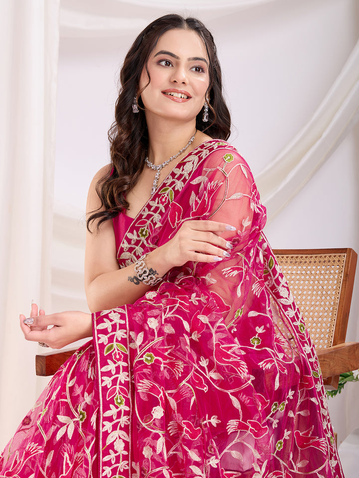 Soft Net Party Wear Saree | Designer Thread Embroidery Work with Mono Banglori Blouse