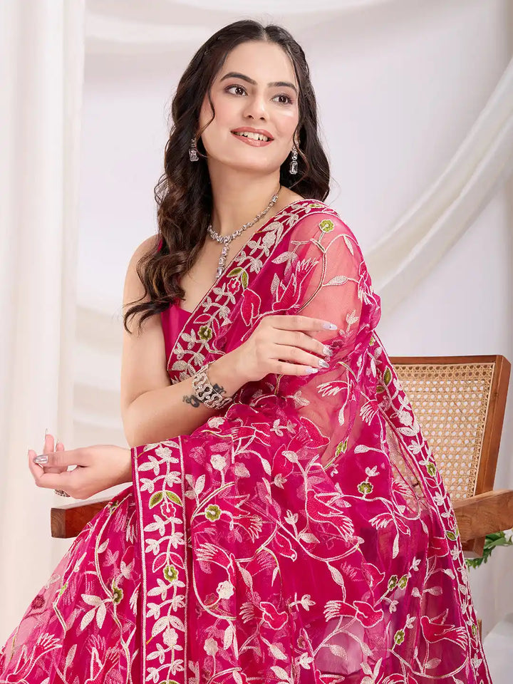 Soft Net Party Wear Saree with Designer Thread Embroidery & Mono Banglori
