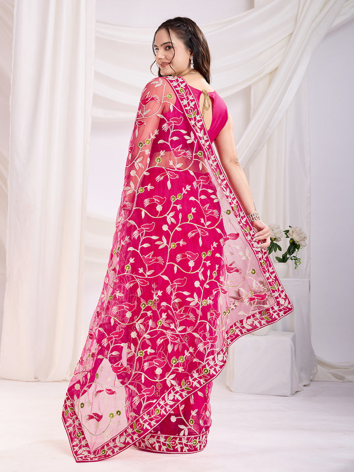Soft Net Party Wear Saree | Designer Thread Embroidery Work with Mono Banglori Blouse
