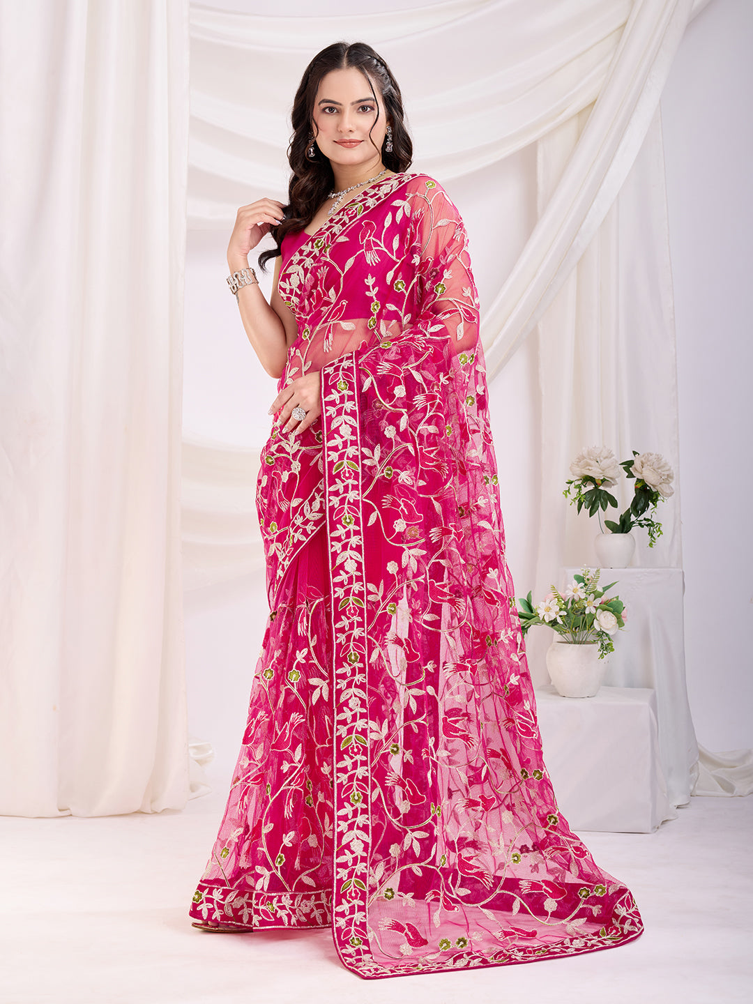 Soft Net Party Wear Saree | Designer Thread Embroidery Work with Mono Banglori Blouse