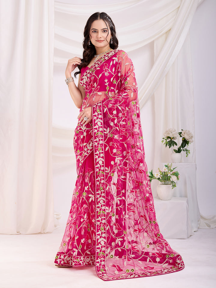Soft Net Party Wear Saree | Designer Thread Embroidery Work with Mono Banglori Blouse