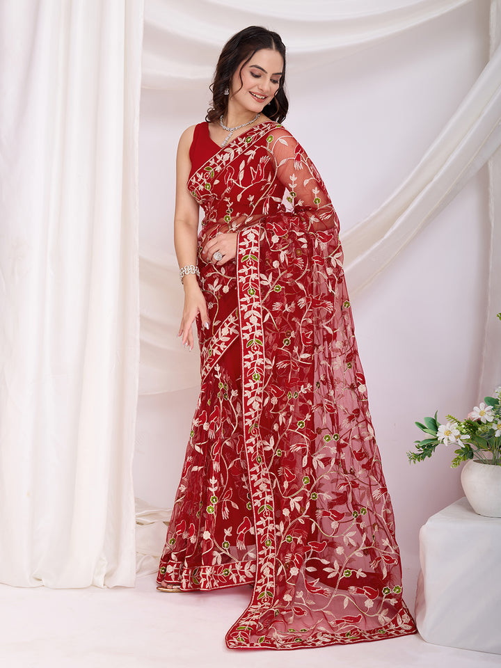 Soft Net Party Wear Saree | Designer Thread Embroidery Work with Mono Banglori Blouse