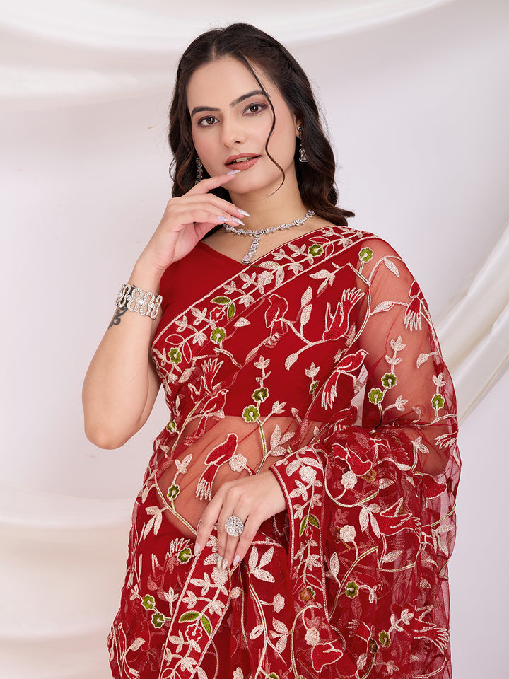 Soft Net Party Wear Saree | Designer Thread Embroidery Work with Mono Banglori Blouse