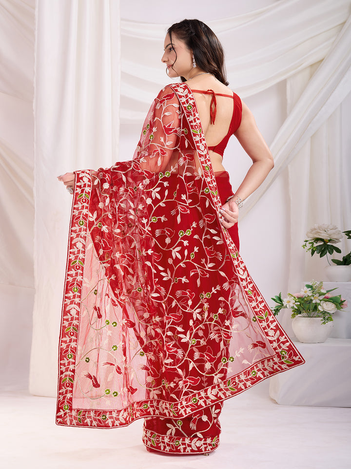 Soft Net Party Wear Saree | Designer Thread Embroidery Work with Mono Banglori Blouse