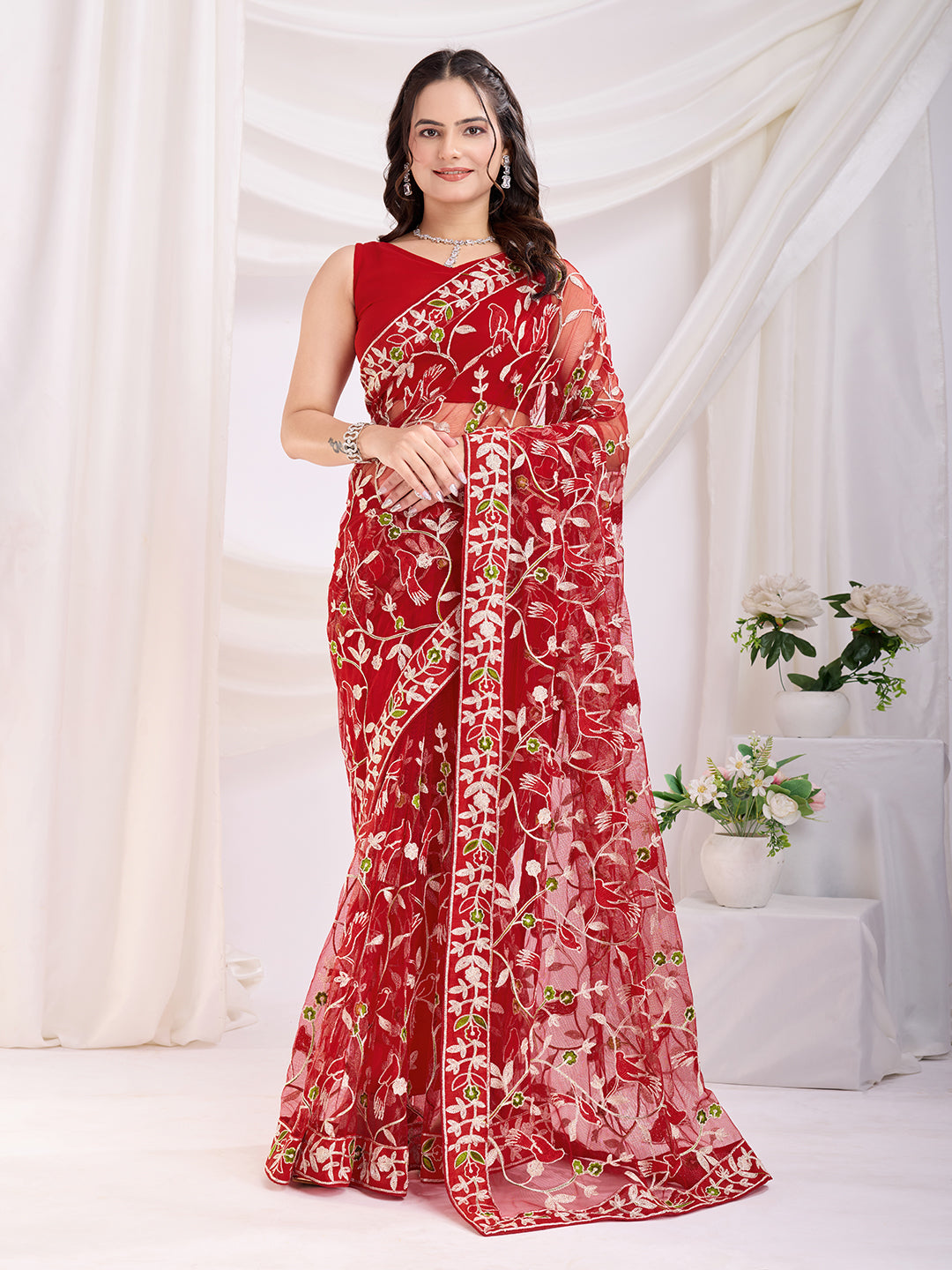 Soft Net Party Wear Saree | Designer Thread Embroidery Work with Mono Banglori Blouse