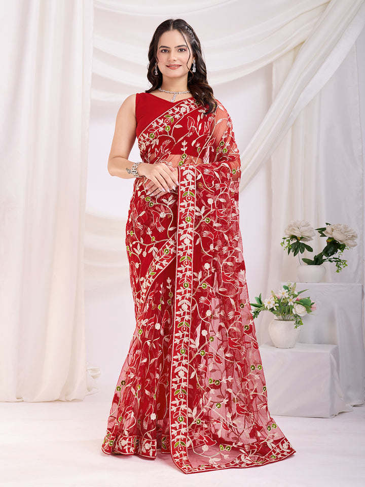 Soft Net Party Wear Saree | Designer Thread Embroidery Work with Mono Banglori Blouse