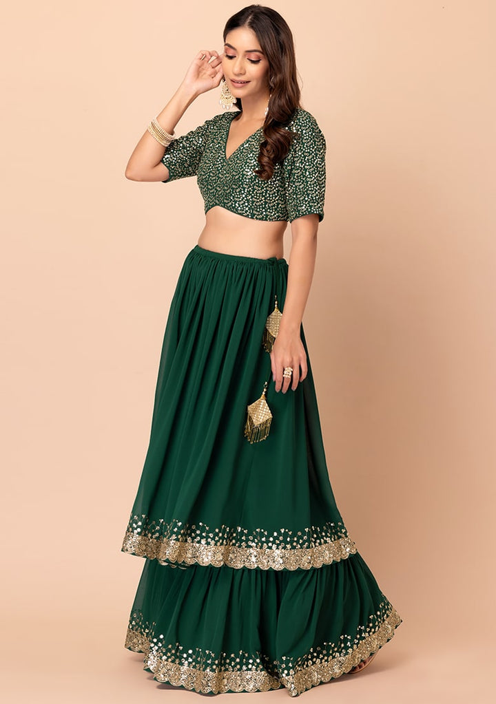 Graceful Dark Green Lehenga Choli | Georgette choli lehenga with dupatta