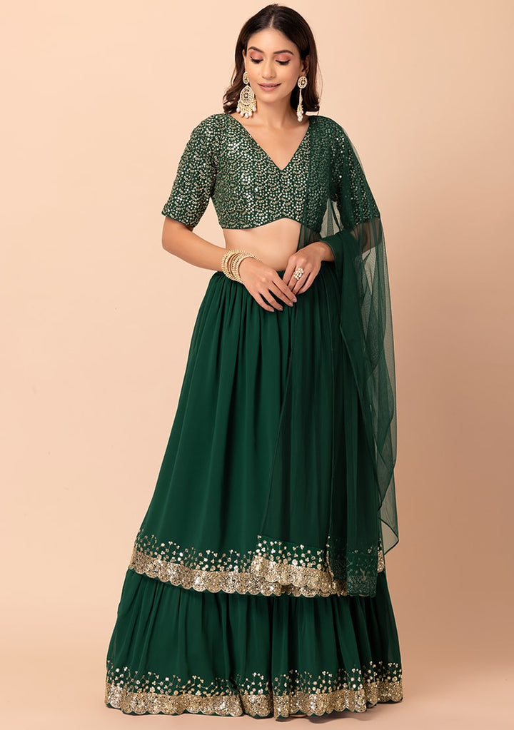 Graceful Dark Green Lehenga Choli | Georgette choli lehenga with dupatta