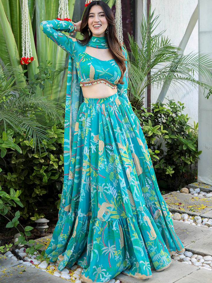 Gorgeous Turquoise Lehenga Choli | Georgette choli lehenga with dupatta