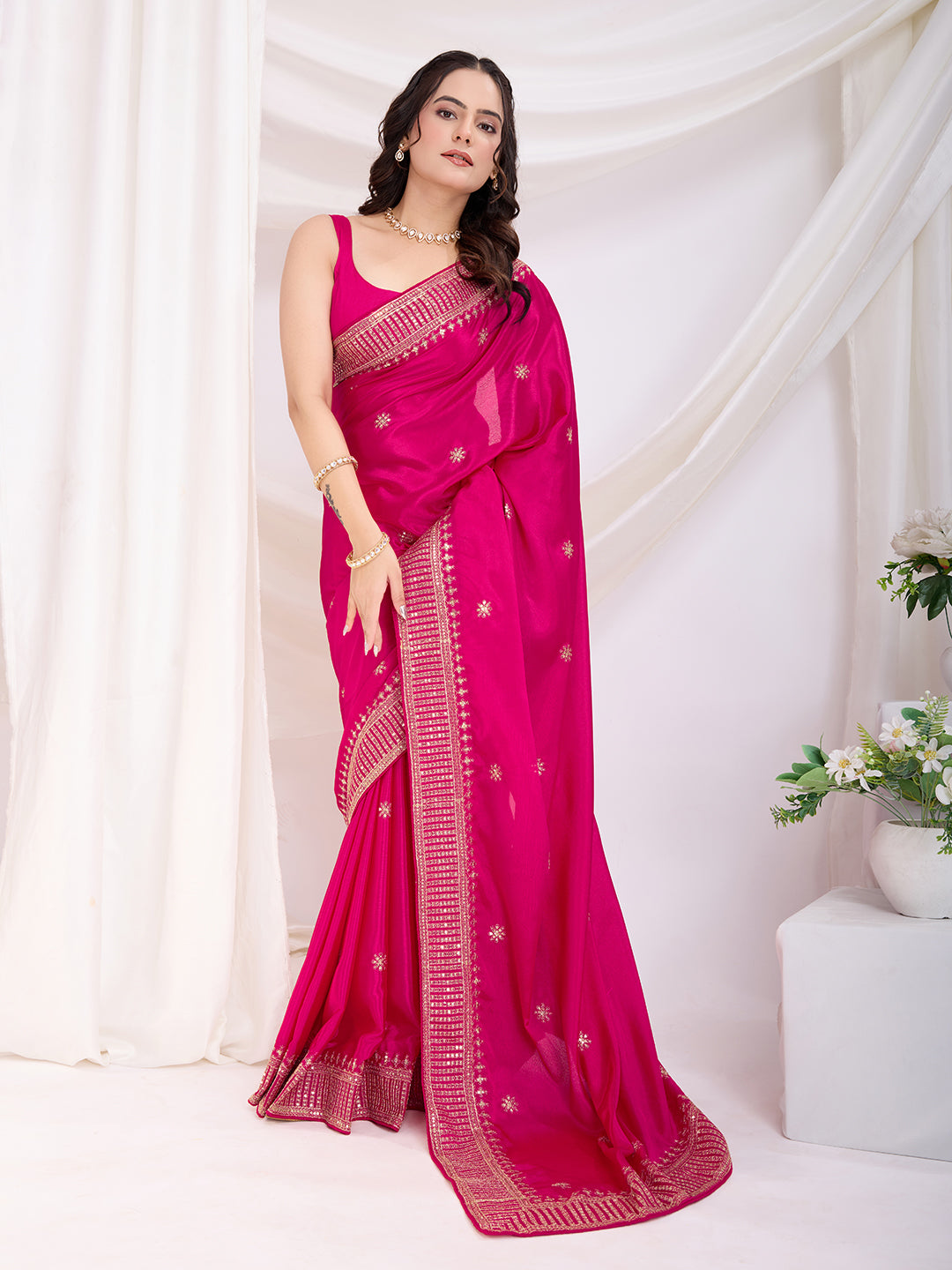 Premium Festive Chinon Silk  Saree | Enriched with Fine Embroidery and Graceful Aesthetic