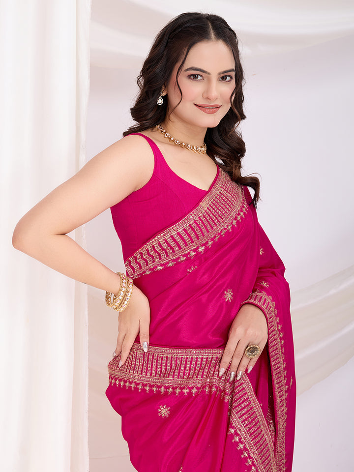 Premium Festive Chinon Silk  Saree | Enriched with Fine Embroidery and Graceful Aesthetic