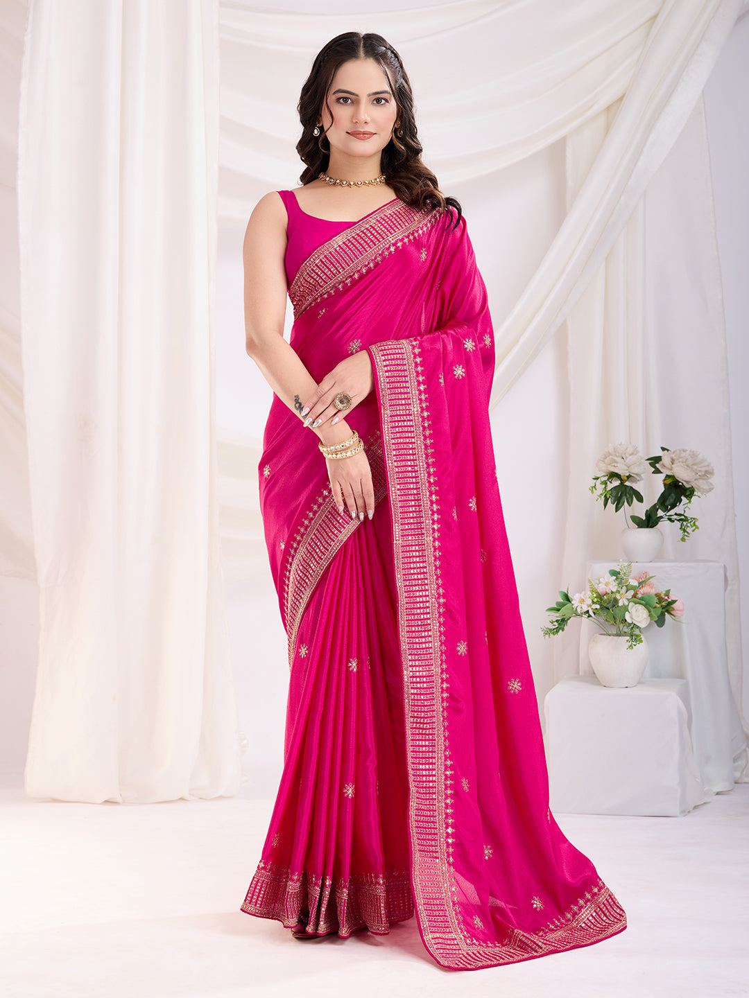 Premium Festive Chinon Silk  Saree | Enriched with Fine Embroidery and Graceful Aesthetic