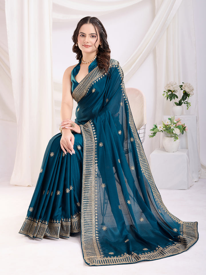Premium Festive Chinon Silk  Saree | Enriched with Fine Embroidery and Graceful Aesthetic