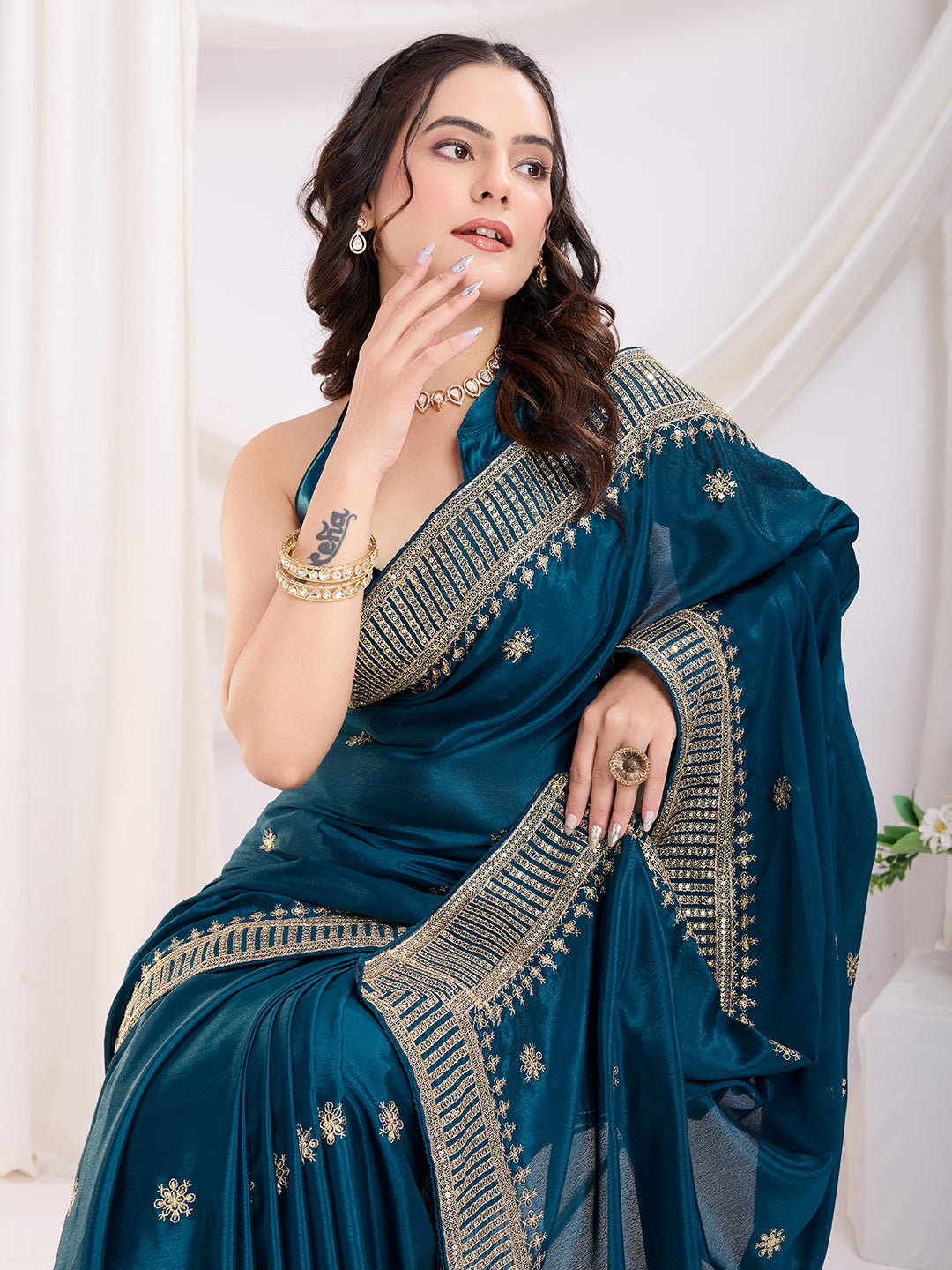 Premium Festive Chinon Silk  Saree | Enriched with Fine Embroidery and Graceful Aesthetic